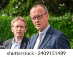 Small photo of Kiel, Germany, June 26, 2023, Portrait of CDU Chairman Friedrich Merz and Prime Minister HH Daniel Gunther at a meeting in Schleswig-Holstein