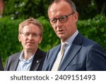 Small photo of Kiel, Germany, June 26, 2023, Portrait of CDU Chairman Friedrich Merz and Prime Minister HH Daniel Gunther at a meeting in Schleswig-Holstein