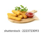 Board with tasty cheese sticks isolated on white background