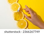 Vitamin C in liquid serum with citrus fruits.
