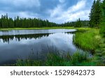 Small photo of Peatland (peak bog) with an island in the middle of the Ore Mountains in the north of Bohemia. The scene is complemented by wild-looking clouds in the sky.