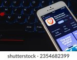 Small photo of Brave Browser: Fast Adblocker dev app on Smartphone screen.Laptop pc keyboard.Brave Browser is a freeware web browser developed by Brave Software.Telsiai,Lithuania.07-25-2023.