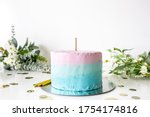 Multicolor cake with topper stick on white background with flowers, baby shower/birthday cake topper mockup