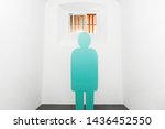 Small photo of Blue simplified figure. A man in the jail looking out the small window with bars. Prisoner within four walls. Imprisonment concept