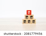 Small photo of Franchise or franchising, Cube wooden block stack in pyramid with franchises business store icon for growth and products services or branch expansion bank loan.