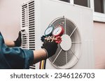 Small photo of Heat and Air Conditioning, HVAC system service technician using measuring manifold gauge checking refrigerant and filling industrial air conditioner after duct cleaning maintenance outdoor compressor.