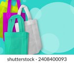 Small photo of green, white, purple and yellow polypropylene bags on a soft green background. nonwoven fabric tote bag with copy space