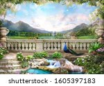 Beautiful view from the flower-covered balcony to the mountain lake and pink sunrise. Digital collage , mural and fresco. Wallpaper. Poster design. 3d render