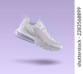 Small photo of White sneaker sport shoe on a purple gradient background, sport concept, men's fashion, sport shoe, air, sneakers, lifestyle, concept, product photo, levitation concept, street