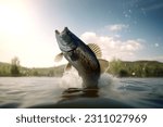 Large mouth bass jumping out of the water