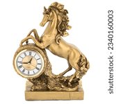 Small photo of Horse Antique Marble Bronze golden Retro Mantel Vintage Table clock isolated with Decorative figurine sculpture. Empire Style Decorative Time Pieces Statue for Living Room and Bedrooms.