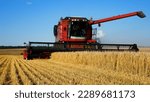 Small photo of Kharkiv, Ukraine - Jule, 18, 2022: A harvester rides through a field with ripe wheat and harvests wheat. Wheat harvesting. The concept of food security in the world