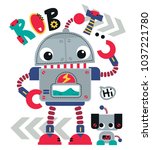 cute cartoon robot waving with... | Shutterstock .eps vector #1037221780