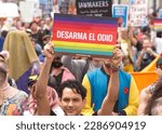 Small photo of San Francisco, CA - April 8, 2023: Participants in the Drag Up Fight Back protest marching from Civic Center to Union Square. Holding sign DISARM HATE in Spanish.