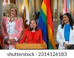 Small photo of San Francisco, CA - June 2, 2023: Lieutenant Governor Eleni Kounalakis speaking at a press conf to kick off San Francisco’s 53rd Annual Pride Month