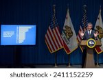 Small photo of Sacramento, CA - Jan 10, 2024: Governor Gavin Newsom introducing and discussing his 2024-25 state budge proposal and answering questions from reporters. Theft penatlies listed by state