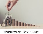 Hand of male or female putting coins in jar with money stack step growing growth saving money, Concept finance business investment