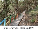 A trail in mountain side with rainbow colourful colour fence and trees in Tuen Mun Hong Kong, a popular location for photography