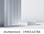 Elegant abstract white podium in sunlight with shadow, striped place with perspective on white background for product display. Simple modern geometric design.