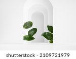 Small photo of White arches with green leaves, perspective, shadows, sun light as antic niche or podium, stage mockup for presentation cosmetic product, design, advertising in natural modern holiday style, closeup.