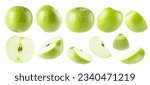 Small photo of Bright green apples rich collection, whole and cut on half, slices with tails, seeds, different sides isolated on white background. Summer fresh ripe fruits as design elements.