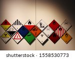 Hazardous symbols. Transportation of dangerous goods symbols and signs and logos. A collection of signs for transporting dangerous goods.