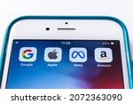Small photo of Kumamoto, JAPAN - Oct 29 2021 : US multinational technology conglomerate holding company Meta Platforms, Inc. (formerly known as Facebook) and GAFA Big Tech icons on an iPhone