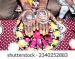 Small photo of 21-01-2022, Dewas, India, groom's henna hands, hindu matrimonial tradition., India wedding ceremony, hindu matrimonial tradition., India wedding ceremony