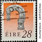 Small photo of Dublin, circa 1991: Irish used postage stamp depicting Bishop's Crosier of Lismore (c. 1100).