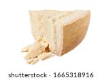 Small photo of Grana Padano semi-fat hard cheese, isolated on white background