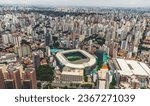 Small photo of Sao Paulo, Brazil - 11th of June 2022 - Allianz Parque Stadium. Aerial view of the modern arena football stadium of Palmeiras in Barra Funda and the skyscraper background of the giant Sao Paulo city