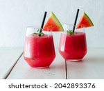 Watermelon drink with mint and ice. Cold drinks. Summer. Healthy eating. Vegetarian food
