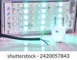 Electrical equipment connection. Core electric cable and light LED lamp                               