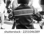 Small photo of Mulhouse - France - 9 October 2022 - Portrait on back view of chopper biker wearing a Harley davidson leather jacket