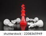 US Dollar chess piece defeated chess pieces of British pound, euro and Japanese yen. 3D illustration of the concept of strong US dollar decreasing the values of other currencies