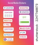 social media Instagram stickers and icons. location, hashtag, donation, countdown, quiz, mention, poll, add yours, link, questions, product, music, let