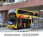 Small photo of Hong Kong - Sep 23, 2022: Route 97 of classic logo skin of double decker Citybus, Hong Kong parked at Lei Tung Estate bus terminus, heading to Central