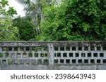 Small photo of Old concrete fence overgrown with lush tropical greenery, depicting overgrowth and the encroachment of nature on man-made structures.