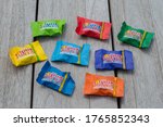 Small photo of AMSTERDAM, NETHERLANDS-JUNE 2020:assortment of different kind of chocolates. The brand of the chocolates is tony chocolonely. The little chocolates are called tiny tony's. They are sweet and delicious