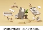 Buying furniture and home decorations online by paying via credit card. select online shopping furniture. with AR application used to simulate furniture and design products realistic 3d render