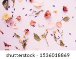 Air dried petals, flowers and leaves on pink background photographed in natural lighting. Can be used as is or for blogs, pinterest, social media, as a digital wallpaper, label background...