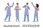 Set of Chemists with Beakers. Chemistry Staff Work, Scientific Technicians Conduct Research or Experiment in Scientific Laboratory. People in Lab Coats Holding Test Tubes. Cartoon Vector Illustration