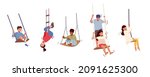 Set Happy Boys and Girls Swing Isolated on White Background. Little Children Characters Sitting on Rope Teeterboard Enjoying Recreation and Freedom. Kids on Playground. Cartoon Vector Illustration