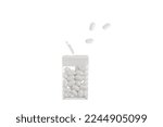 Transparent plastic box with white candies on a white background.