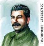 Colorful watercolor portrait of Joseph Stalin