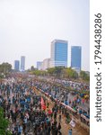 Small photo of JAKARTA, INDONESIA - SEPTEMBER 24, 2019: Aerial view of Gatot Subroto street, Senayan, Jakarta (in front of MPR building) when thousand people protested the ratification of RKUHP and KPK Law.