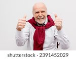Small photo of The hand of an elderly man shows a gesture of approval. Hand shows class gesture. Everything is cool, everything is ready, I praise you, everything is ok, wonderful mood.