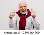 Small photo of The hand of an elderly man shows a gesture of approval. Hand shows class gesture. Everything is cool, everything is ready, I praise you, everything is ok, wonderful mood.
