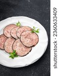 Small photo of sausage pork offal meat pork stomach, pork neck, offal meal food Andouille snack on the table copy space food background rustic top view