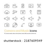 Simple line drawing icon set about camera, video, music. Illustrations such as photos, antennas, clouds, security cameras, USBs, and microphones are included.